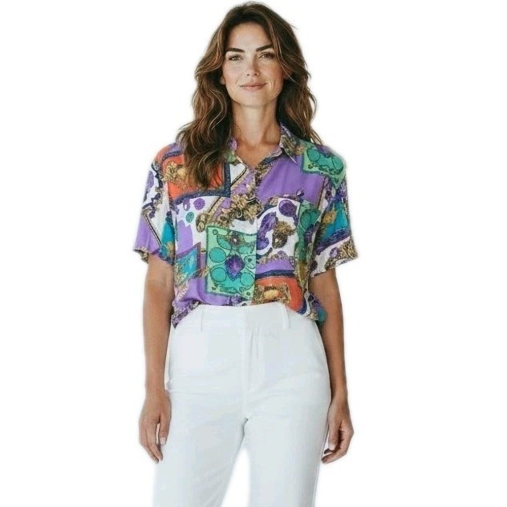 VTG 90s Maximalist Kikomo Basic 100% Silk Floral Versace Esque Art-to-Wear Top M